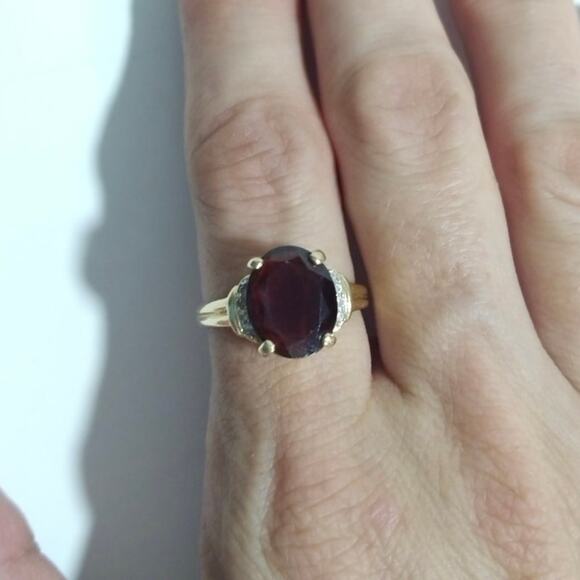 Vtg 14k 585 Yellow Gold Oval Cut Garnet Diamonds Ladies Ring Size 8.25 Signed - Picture 1 of 13